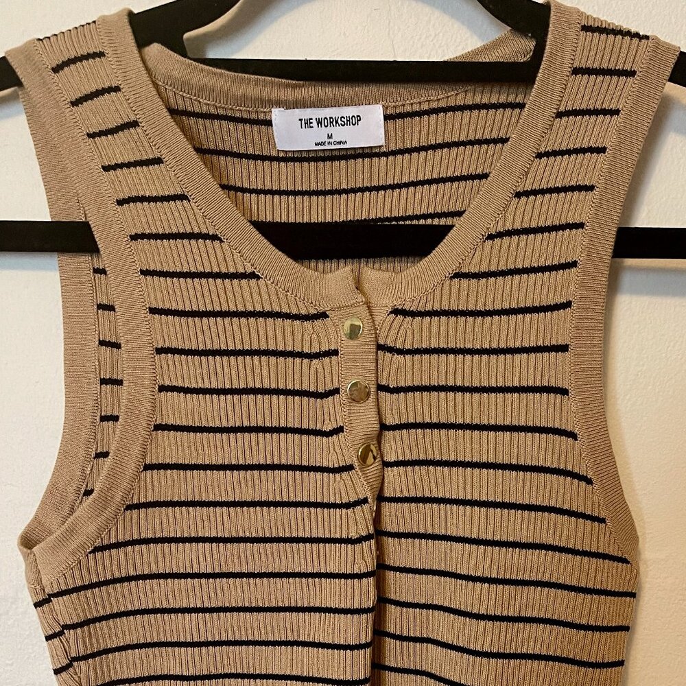 Black and Tan Sleeveless Striped Buttoned Crop Shirt